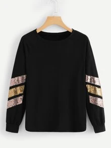 Contrast Striped Sequin Tee - Black - View 1