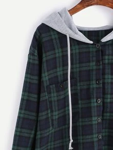 Plus Pocket Plaid Drawstring Hooded Blouse - Multicolor - View 4