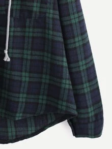 Plus Pocket Plaid Drawstring Hooded Blouse - Multicolor - View 3