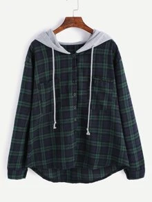 Plus Pocket Plaid Drawstring Hooded Blouse - Multicolor - View 1