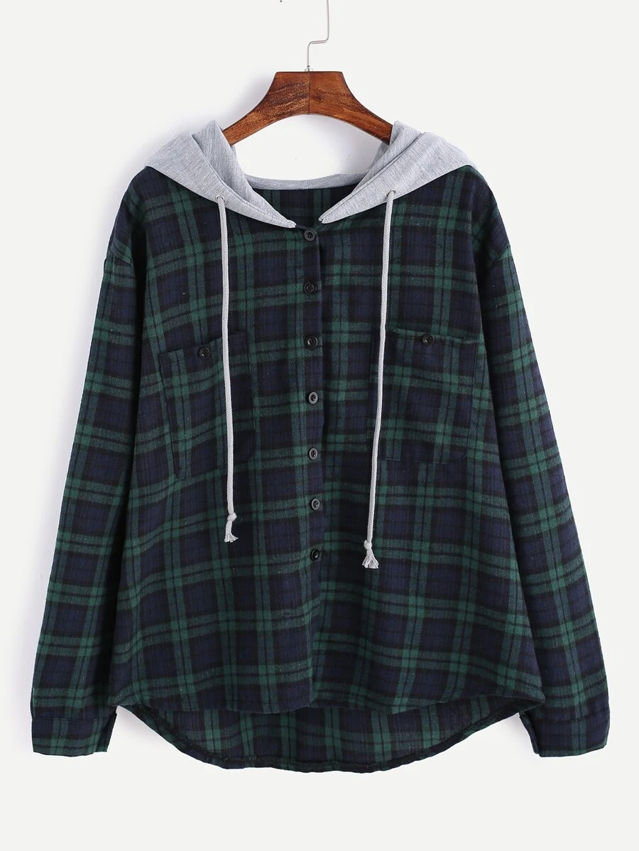 Plus Pocket Plaid Drawstring Hooded Blouse - Multicolor - View 1