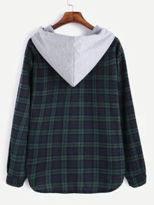Plus Pocket Plaid Drawstring Hooded Blouse - Multicolor - View 2