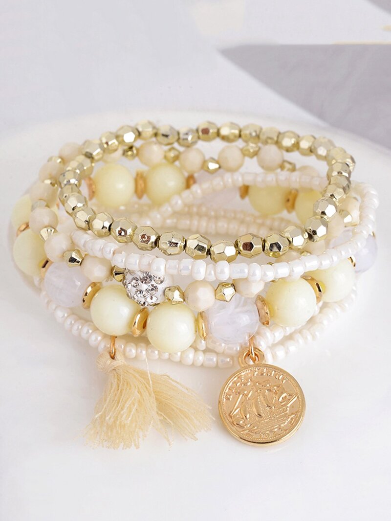 

Coin & Tassel Layered Beaded Bracelet, White