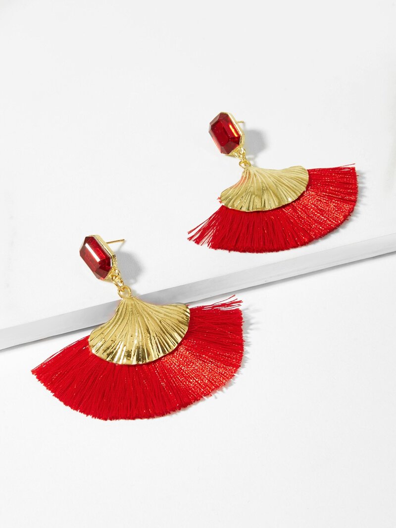 

Fan Shaped Tassel Drop Earrings, Red