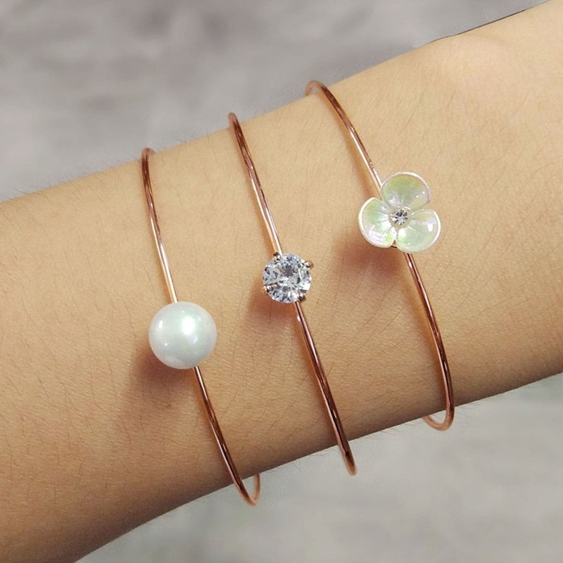 

Faux Pearl & Flower Bangle Set 3pcs, Gold