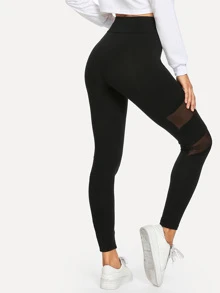 SHEIN Mesh Contrast Leggings - Black - View 3