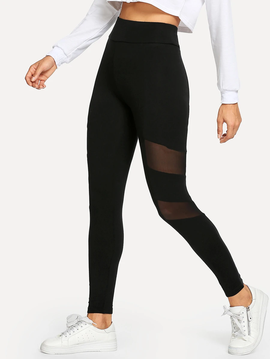 SHEIN Mesh Contrast Leggings - Black - View 1