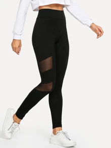 SHEIN Mesh Contrast Leggings - Black - View 2