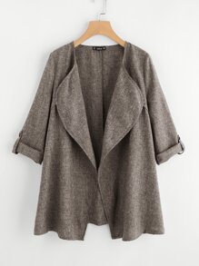Rolled Up Cuff Drape Collar Marled Coat