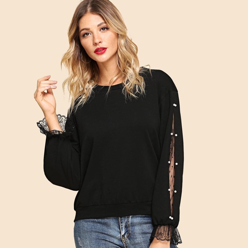 

Pearls Beaded Lace Contrast Pullover, Black