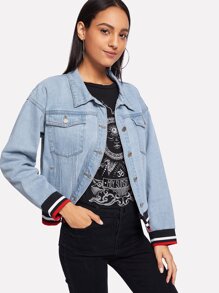 Striped Hem Light Wash Denim Jacket