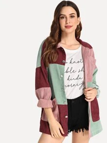 SHEIN 拼接前口袋燈芯絨外套 - 彩色 - 查看 3