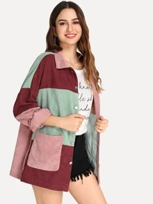 SHEIN 拼接前口袋燈芯絨外套 - 彩色 - 查看 4