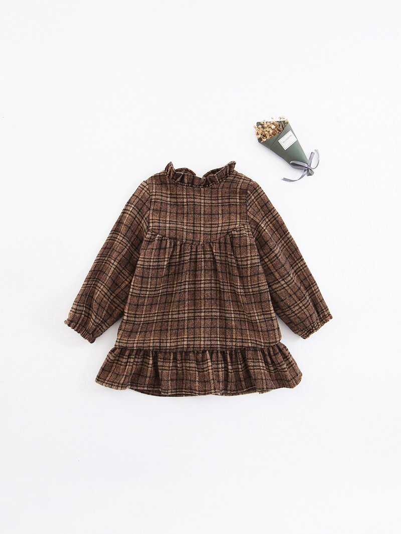 

Girls Ruffle Hem Plaid Dress, Coffee