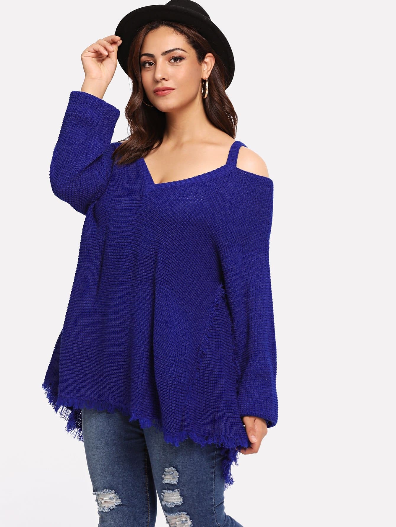 Asymmetric Hem Long Sleeve Cold Shoulder Sweater