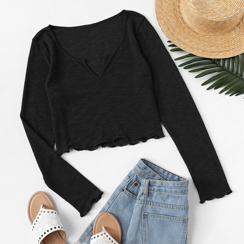 

Notch Neck Lettuce Trim Crop Tee, Black