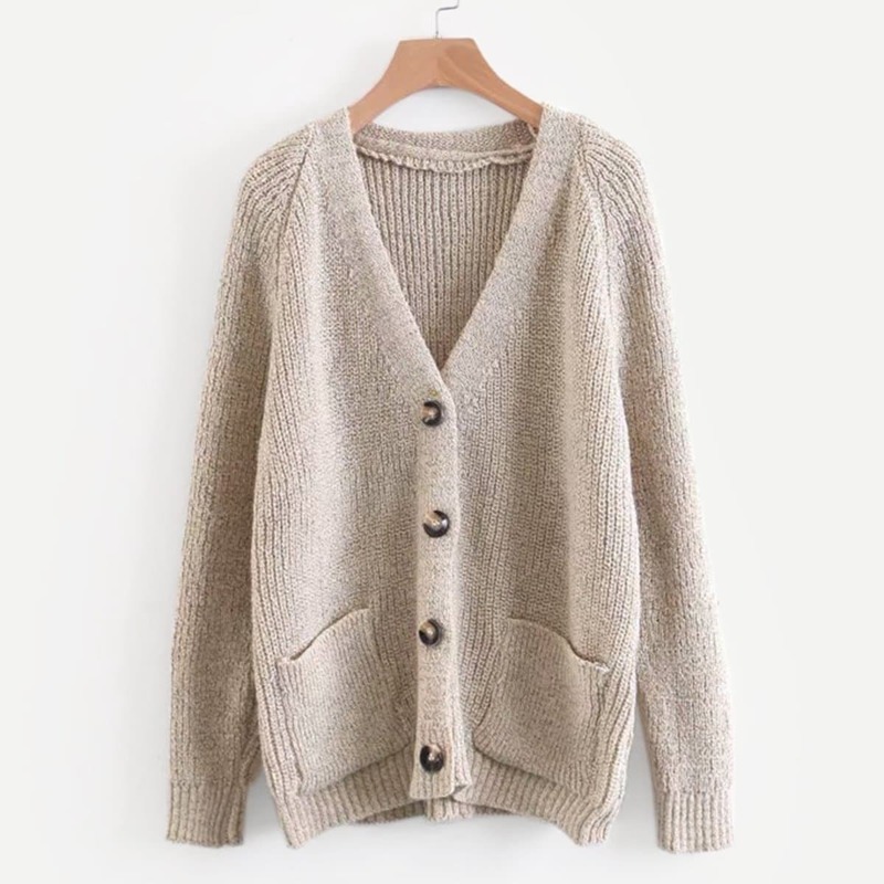 

Solid Button Front Raglan Sleeve Cardigan, Beige