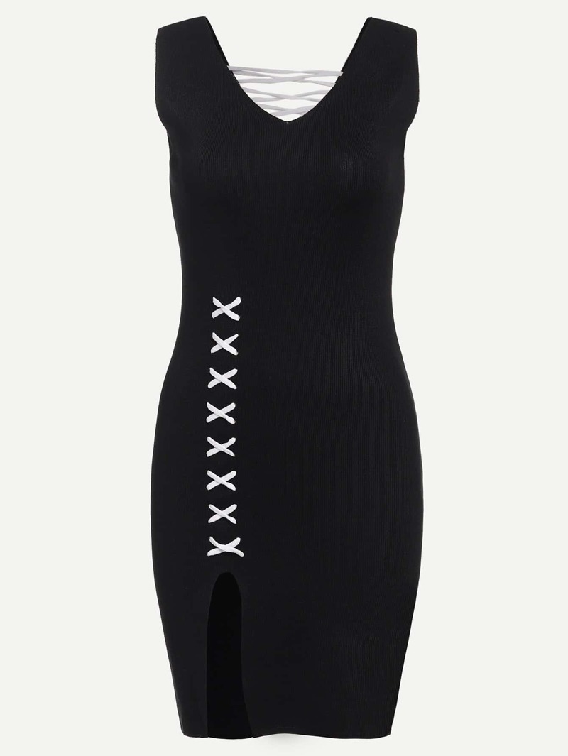 

Lace Up Sleeveless Knit Dress, Black