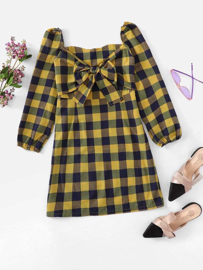 

Plaid Knot Back Square Neck Dress, Multicolor