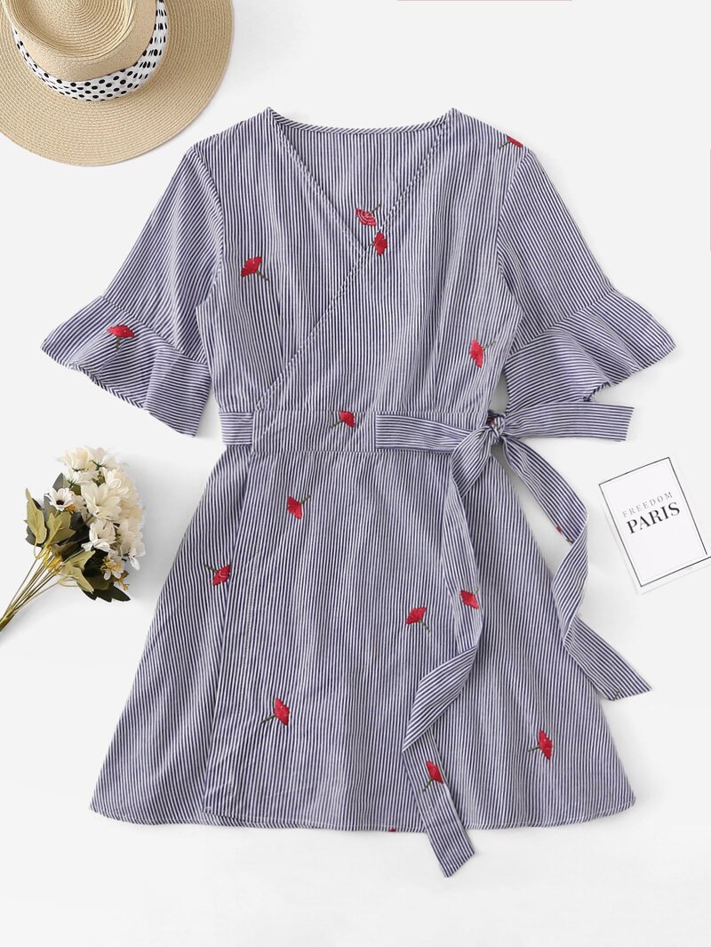 

V-neck Floral Embroidered Striped Dress, Blue