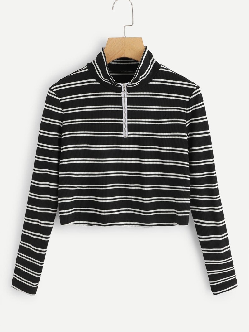 

Striped Zip Up Knit Jumper, Black