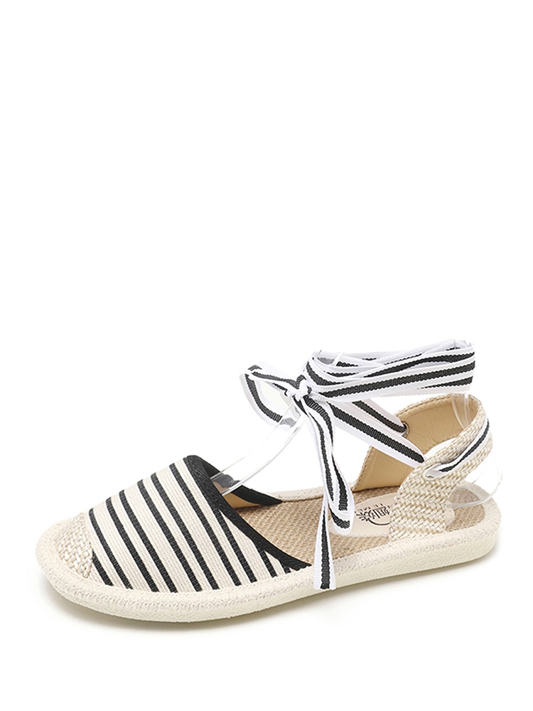 

Striped Detail Tie Leg Flats, Black and white