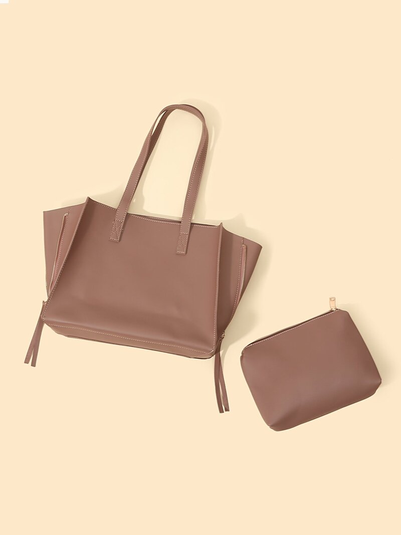 

Double Zipper Tote Bag With Inner Pouch, Coffee
