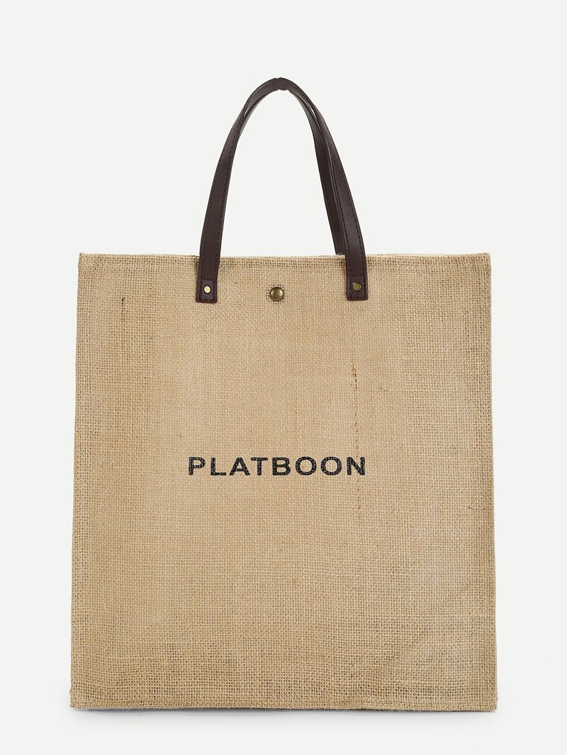 

Letter Print Tote With PU Crossbody Bag, Brown