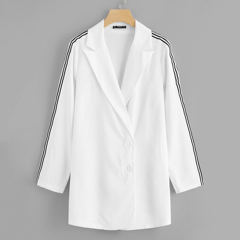 

Striped Tape Detail Peak Lapel Coat, White