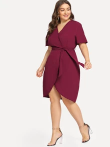SHEIN Plus Curved Hem Wrap Dress - Burgundy - View 3