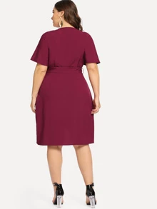 SHEIN Plus Curved Hem Wrap Dress - Burgundy - View 2