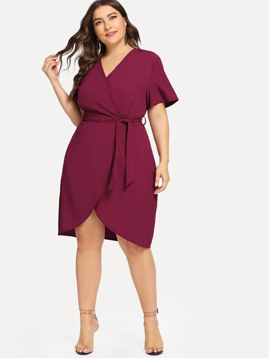 SHEIN Plus Curved Hem Wrap Dress - Burgundy - View 1