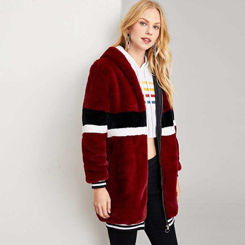 

Zip Up Striped Faux Fur Coat, Burgundy