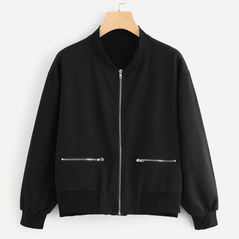 

Zipper Detail Zip Up Jacket, Black