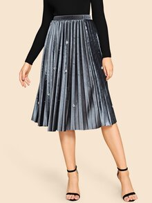Faux Pearl Beaded Velvet Pleated Skirt