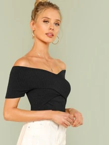 SHEIN Privé Ribbed Off-the-Shoulder Crisscross Top - Black - View 3
