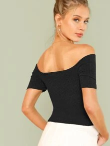 SHEIN Privé Ribbed Off-the-Shoulder Crisscross Top - Black - View 2
