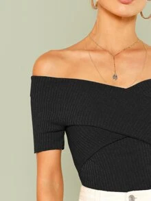 SHEIN Privé Ribbed Off-the-Shoulder Crisscross Top - Black - View 4