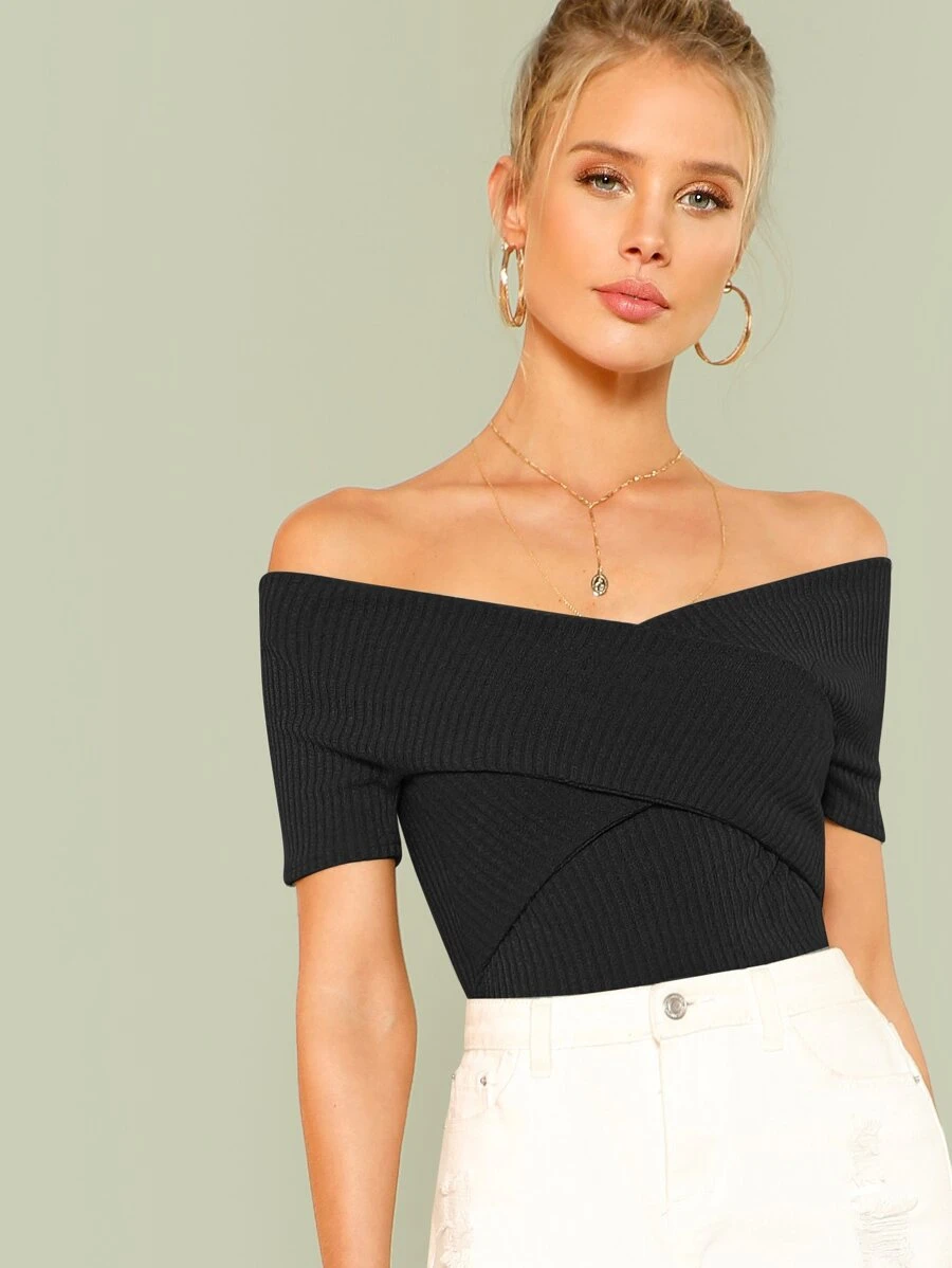 SHEIN Privé Ribbed Off-the-Shoulder Crisscross Top - Black - View 1