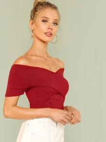 SHEIN Privé 交叉設計抹胸式羅紋上衣 - 酒紅色 - 查看 3