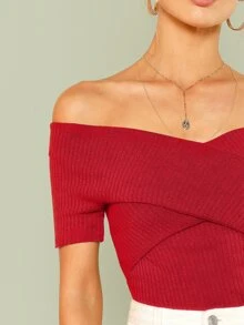 SHEIN Privé 交叉設計抹胸式羅紋上衣 - 酒紅色 - 查看 4
