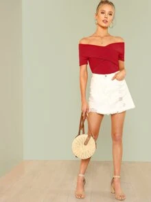 SHEIN Privé 交叉設計抹胸式羅紋上衣 - 酒紅色 - 查看 5
