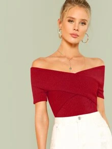 SHEIN Privé 交叉設計抹胸式羅紋上衣 - 酒紅色 - 查看 1