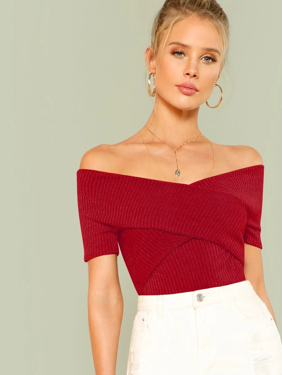 SHEIN Privé 交叉設計抹胸式羅紋上衣 - 酒紅色 - 查看 1