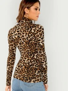 SHEIN Luipaardprint slim fit shirt met rolkraag