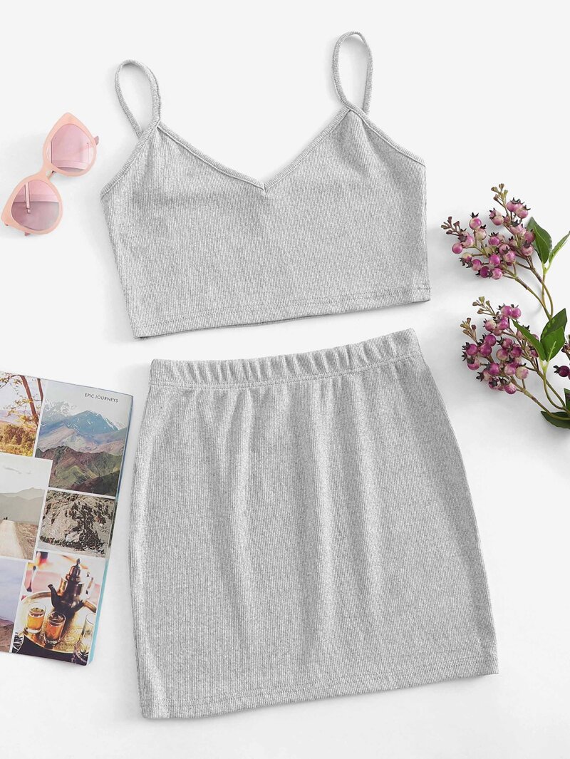 

Solid Knit Cami Top With Skirt, Grey