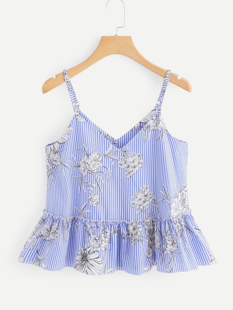 

Ruffle Hem Floral Print Striped Cami Top, Blue