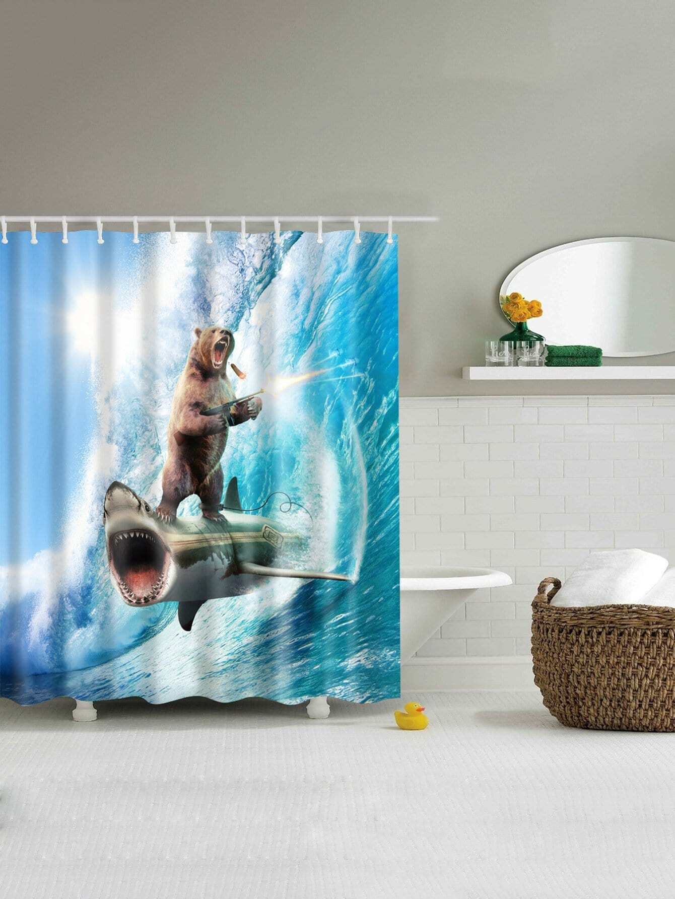 Shark Print Shower Curtain With 12pcs Hook Shein Usa
