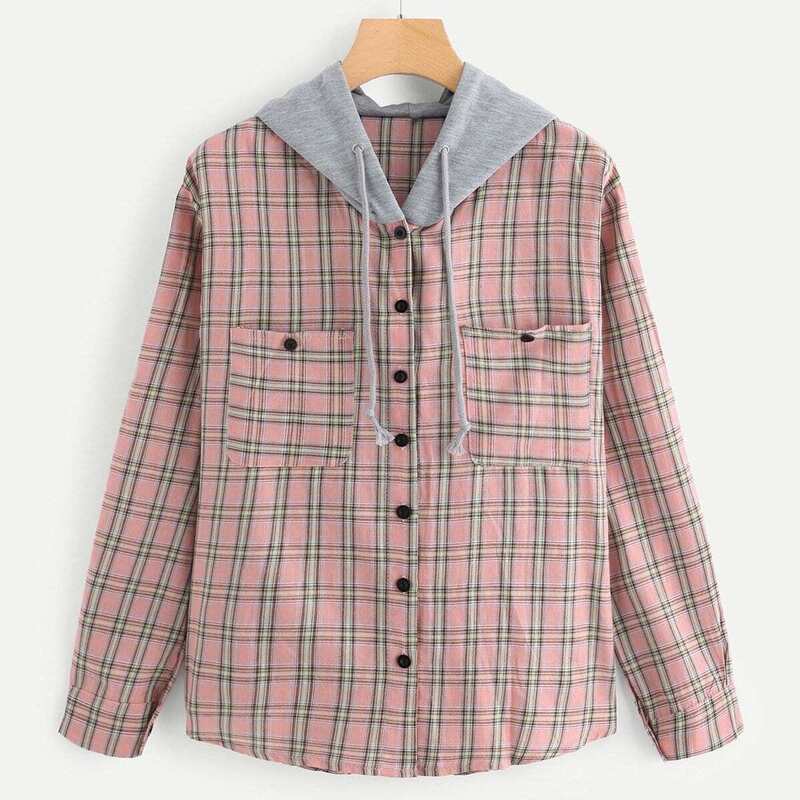 

Hooded Button Front Check Shirt With Chest Pockets, Pink