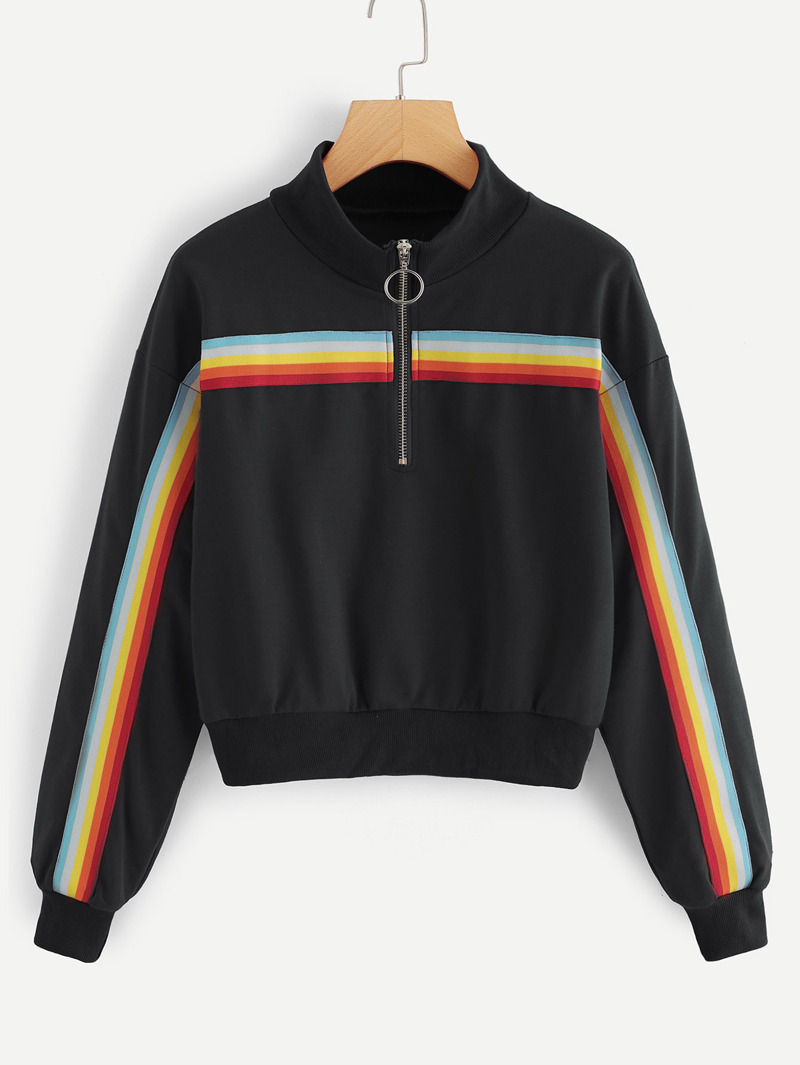 

Striped Zip Neck Sweatshirt, Black